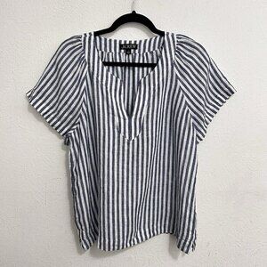 J Crew Flutter-Sleeve‎ Linen Top Womens Sz S Navy Blue White Stripe V-Neck Beach